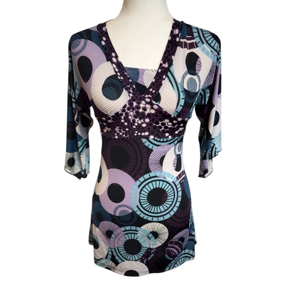 Vintage Y2K Babydoll Retro Circle Print Tie Back Flare Sleeve Top By BCX Girl - Picture 1 of 9